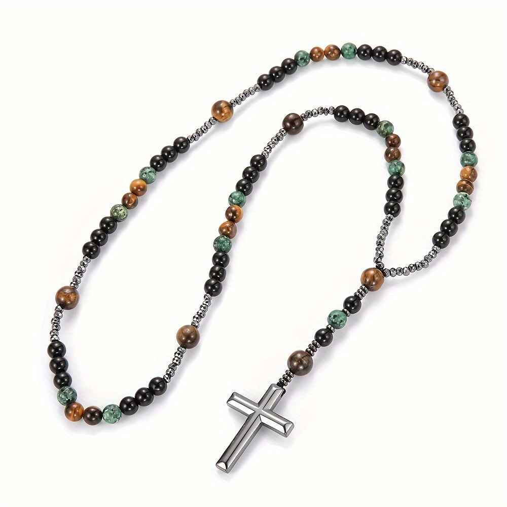 African Pine Yellow Tiger Eye Retro Natural Stone Long Cross Necklace